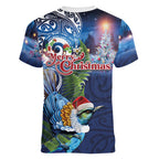 New Zealand Merry Christmas Women V-Neck T-Shirt Maori Tribal Pattern with Xmas Tui Bird