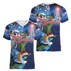 New Zealand Merry Christmas Women V-Neck T-Shirt Maori Tribal Pattern with Xmas Tui Bird