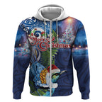 New Zealand Merry Christmas Zip Hoodie Maori Tribal Pattern with Xmas Tui Bird