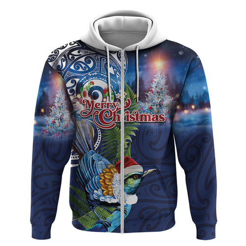 New Zealand Merry Christmas Zip Hoodie Maori Tribal Pattern with Xmas Tui Bird