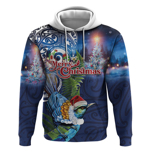 New Zealand Merry Christmas Zip Hoodie Maori Tribal Pattern with Xmas Tui Bird