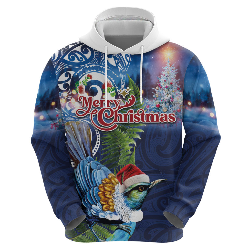 New Zealand Merry Christmas Zip Hoodie Maori Tribal Pattern with Xmas Tui Bird