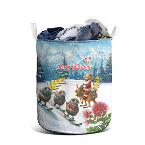 New Zealand and Australia Merry Christmas Laundry Basket Kiwi Birds Skiing and Koala Santa Riding Kangaroo