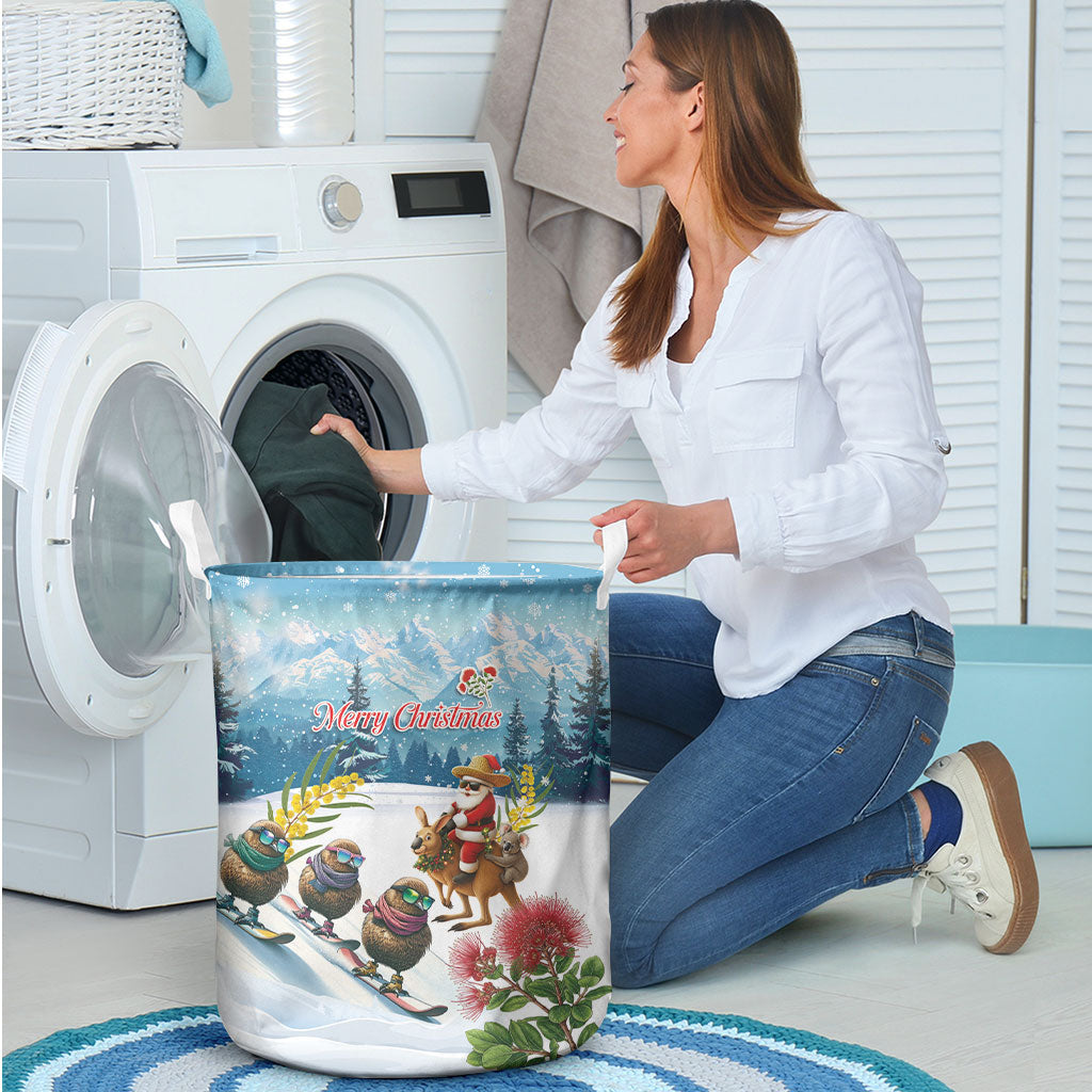 New Zealand and Australia Merry Christmas Laundry Basket Kiwi Birds Skiing and Koala Santa Riding Kangaroo
