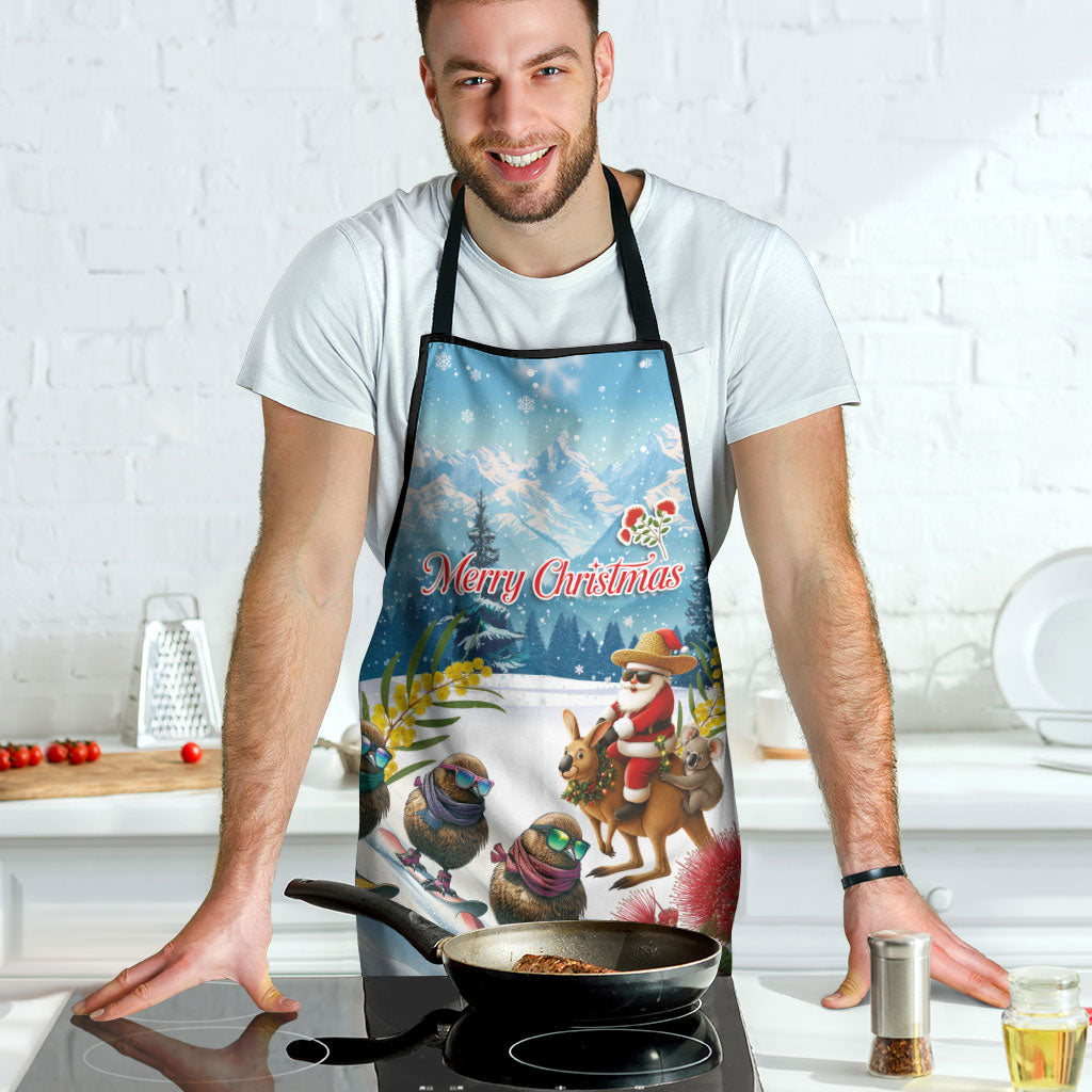 New Zealand and Australia Merry Christmas Apron Kiwi Birds Skiing and Koala Santa Riding Kangaroo