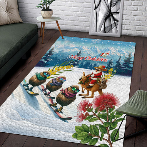 New Zealand and Australia Merry Christmas Area Rug Kiwi Birds Skiing and Koala Santa Riding Kangaroo