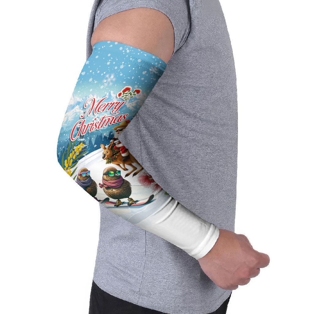 New Zealand and Australia Merry Christmas Arm Sleeves Kiwi Birds Skiing and Koala Santa Riding Kangaroo