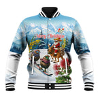 New Zealand and Australia Merry Christmas Baseball Jacket Kiwi Birds Skiing and Koala Santa Riding Kangaroo