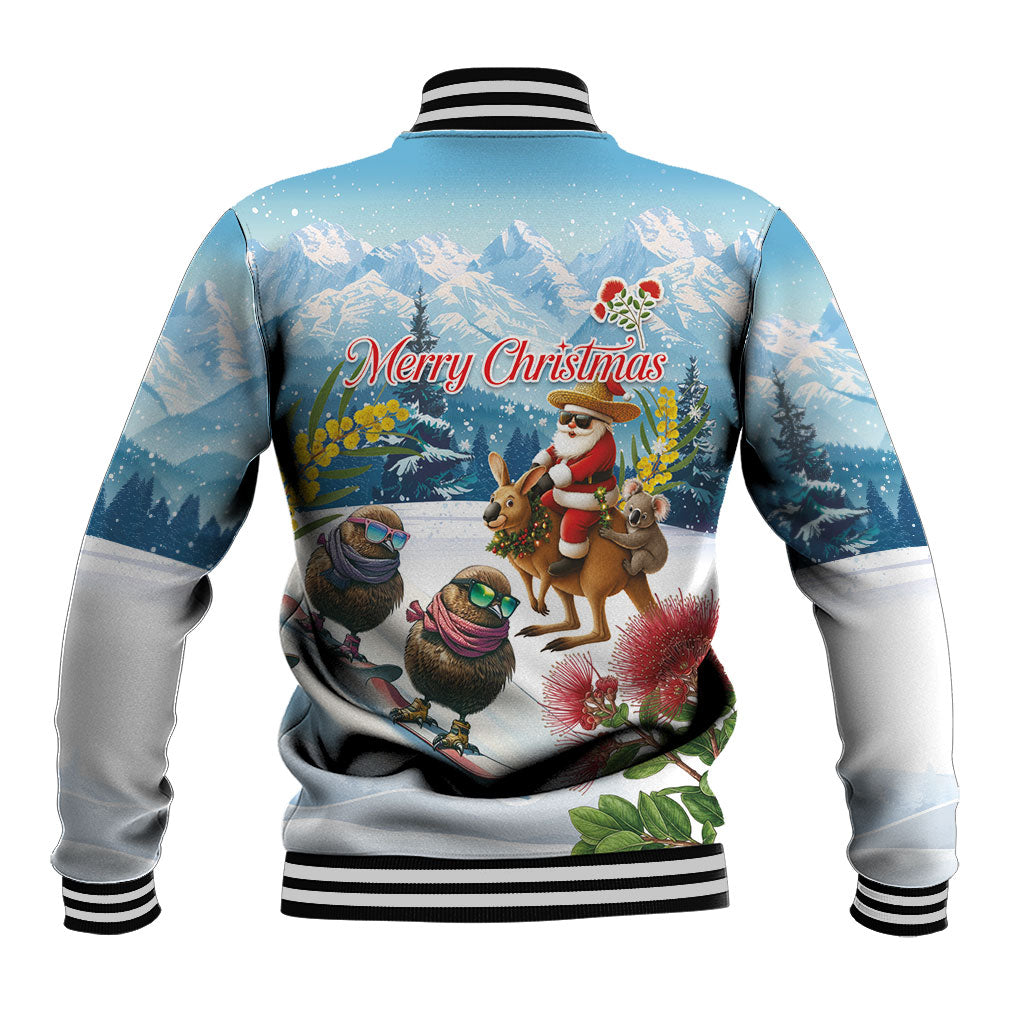 New Zealand and Australia Merry Christmas Baseball Jacket Kiwi Birds Skiing and Koala Santa Riding Kangaroo