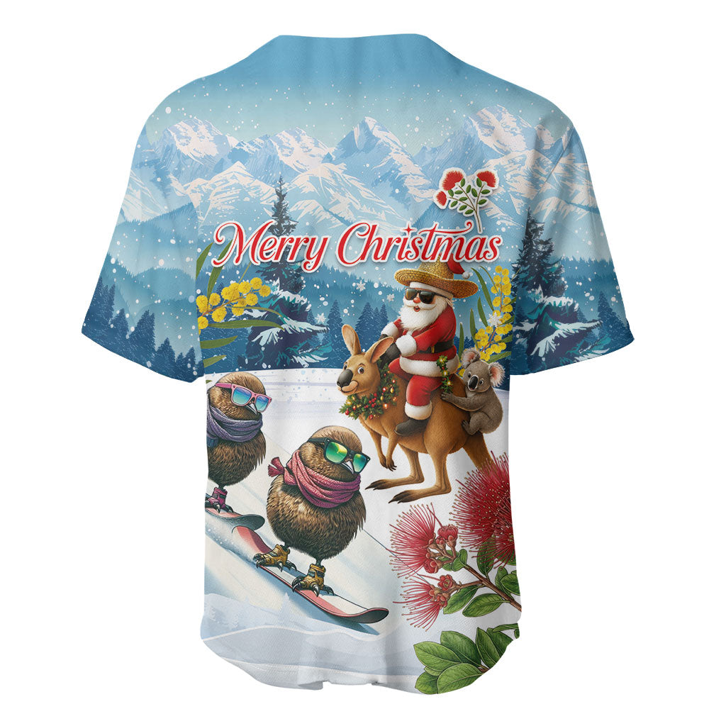 New Zealand and Australia Merry Christmas Baseball Jersey Kiwi Birds Skiing and Koala Santa Riding Kangaroo