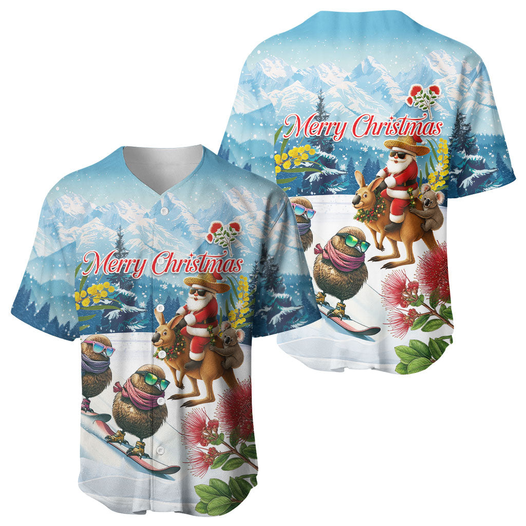 New Zealand and Australia Merry Christmas Baseball Jersey Kiwi Birds Skiing and Koala Santa Riding Kangaroo
