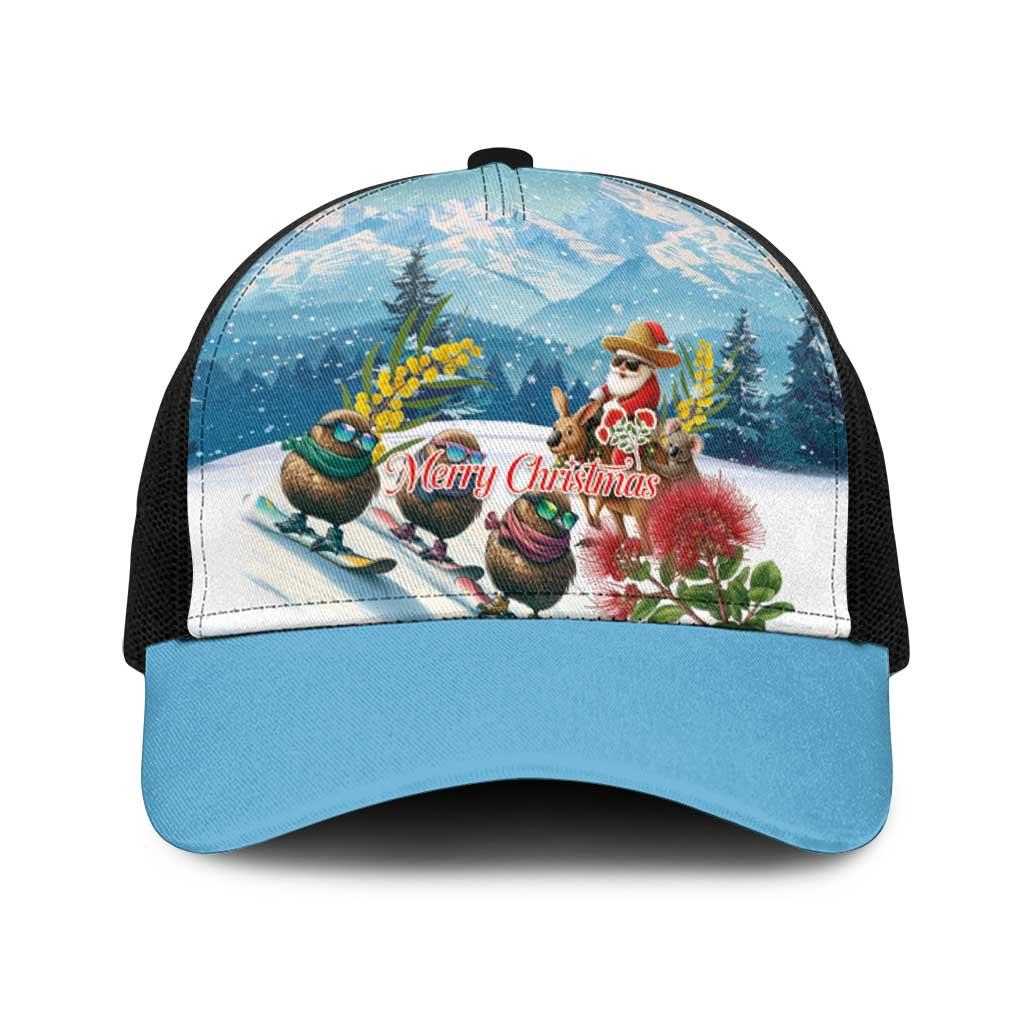 New Zealand and Australia Merry Christmas Baseball Net Cap Kiwi Birds Skiing and Santa Riding Kangaroo with Koala