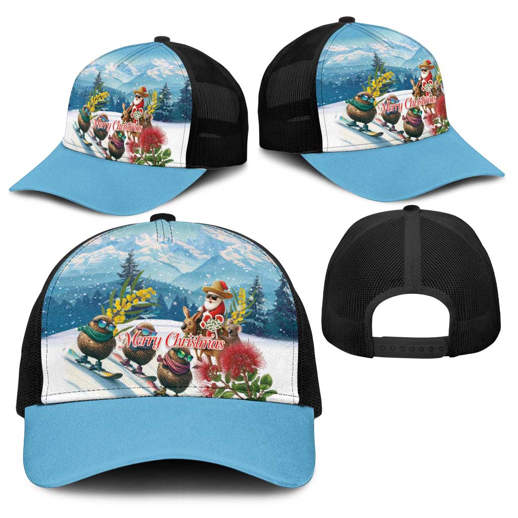 New Zealand and Australia Merry Christmas Baseball Net Cap Kiwi Birds Skiing and Santa Riding Kangaroo with Koala