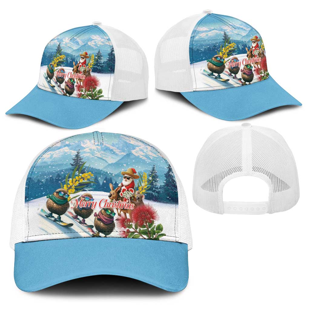 New Zealand and Australia Merry Christmas Baseball Net Cap Kiwi Birds Skiing and Santa Riding Kangaroo with Koala