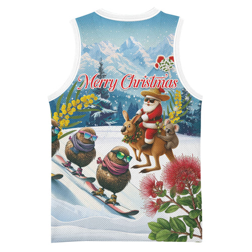 New Zealand and Australia Merry Christmas Basketball Jersey Kiwi Birds Skiing and Koala Santa Riding Kangaroo