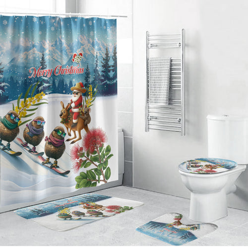 New Zealand and Australia Merry Christmas Bathroom Set Kiwi Birds Skiing and Koala Santa Riding Kangaroo