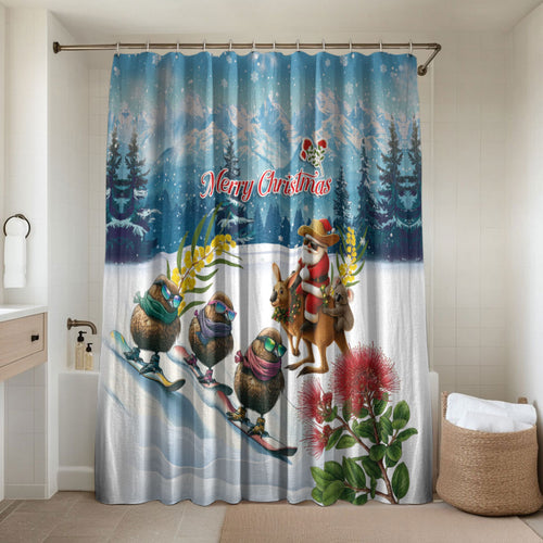New Zealand and Australia Merry Christmas Bathroom Set Kiwi Birds Skiing and Koala Santa Riding Kangaroo