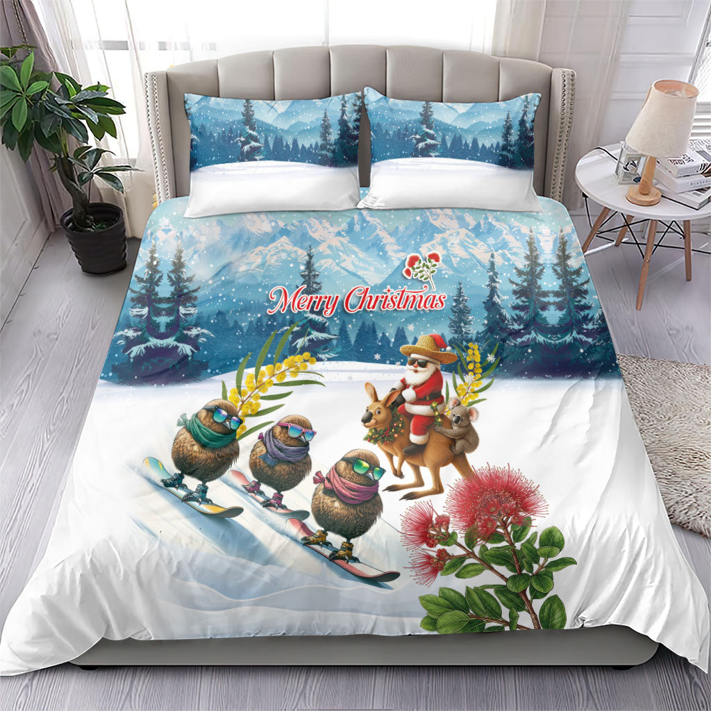 New Zealand and Australia Merry Christmas Bedding Set Kiwi Birds Skiing and Koala Santa Riding Kangaroo