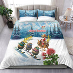 New Zealand and Australia Merry Christmas Bedding Set Kiwi Birds Skiing and Koala Santa Riding Kangaroo