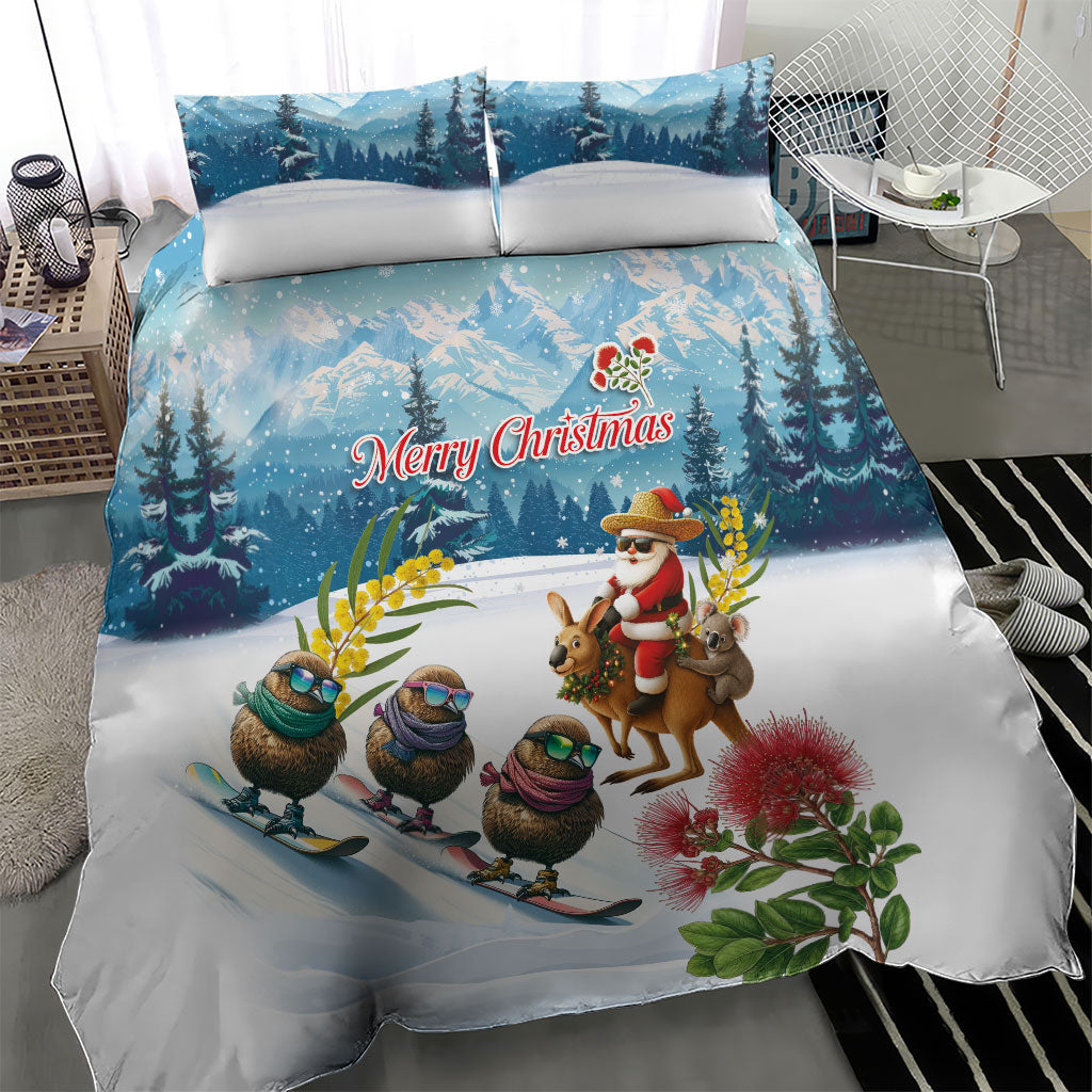 New Zealand and Australia Merry Christmas Bedding Set Kiwi Birds Skiing and Koala Santa Riding Kangaroo