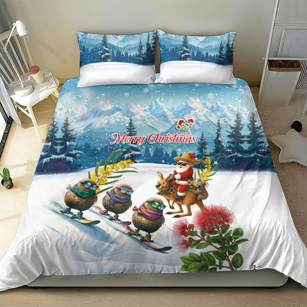 New Zealand and Australia Merry Christmas Bedding Set Kiwi Birds Skiing and Koala Santa Riding Kangaroo