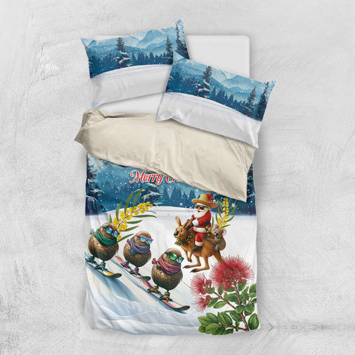 New Zealand and Australia Merry Christmas Bedding Set Kiwi Birds Skiing and Koala Santa Riding Kangaroo