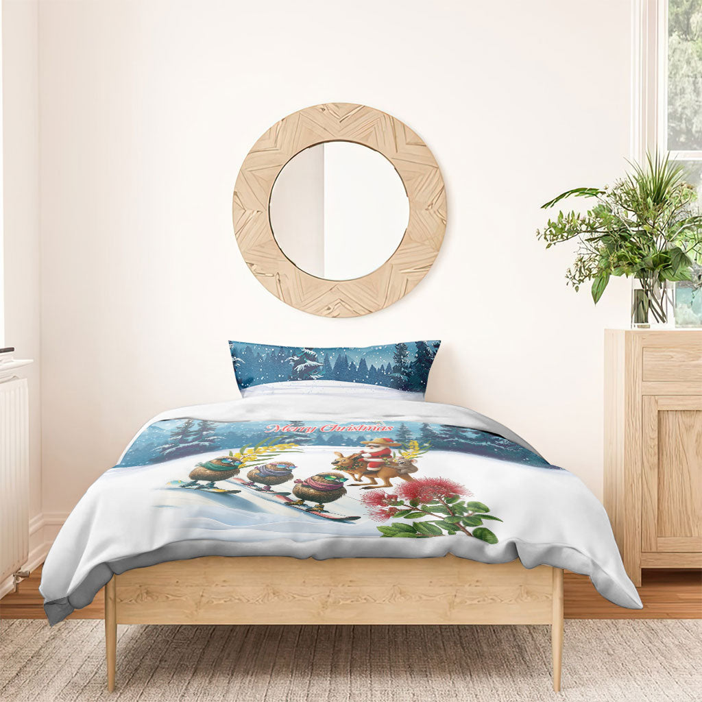 New Zealand and Australia Merry Christmas Bedding Set Kiwi Birds Skiing and Koala Santa Riding Kangaroo