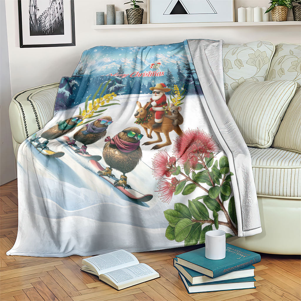 New Zealand and Australia Merry Christmas Blanket Kiwi Birds Skiing and Koala Santa Riding Kangaroo