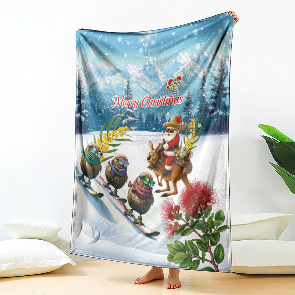 New Zealand and Australia Merry Christmas Blanket Kiwi Birds Skiing and Koala Santa Riding Kangaroo