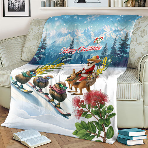 New Zealand and Australia Merry Christmas Blanket Kiwi Birds Skiing and Koala Santa Riding Kangaroo