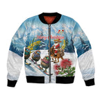 New Zealand and Australia Merry Christmas Bomber Jacket Kiwi Birds Skiing and Koala Santa Riding Kangaroo