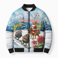 New Zealand and Australia Merry Christmas Bomber Puffer Jacket Kiwi Birds Skiing and Koala Santa Riding Kangaroo