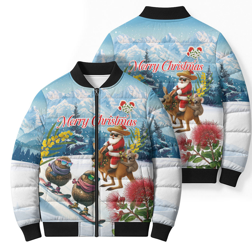 New Zealand and Australia Merry Christmas Bomber Puffer Jacket Kiwi Birds Skiing and Koala Santa Riding Kangaroo