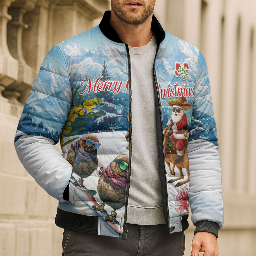 New Zealand and Australia Merry Christmas Bomber Puffer Jacket Kiwi Birds Skiing and Koala Santa Riding Kangaroo