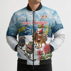 New Zealand and Australia Merry Christmas Bomber Puffer Jacket Kiwi Birds Skiing and Koala Santa Riding Kangaroo
