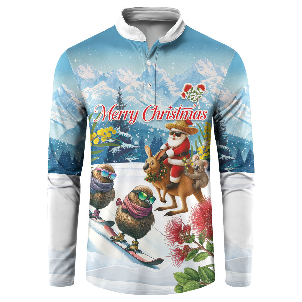 New Zealand and Australia Merry Christmas Button Sweatshirt Kiwi Birds Skiing and Koala Santa Riding Kangaroo