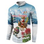 New Zealand and Australia Merry Christmas Button Sweatshirt Kiwi Birds Skiing and Koala Santa Riding Kangaroo