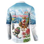 New Zealand and Australia Merry Christmas Button Sweatshirt Kiwi Birds Skiing and Koala Santa Riding Kangaroo