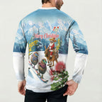 New Zealand and Australia Merry Christmas Button Sweatshirt Kiwi Birds Skiing and Koala Santa Riding Kangaroo