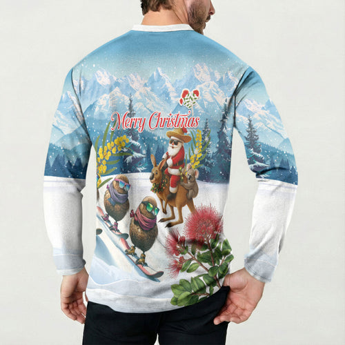 New Zealand and Australia Merry Christmas Button Sweatshirt Kiwi Birds Skiing and Koala Santa Riding Kangaroo