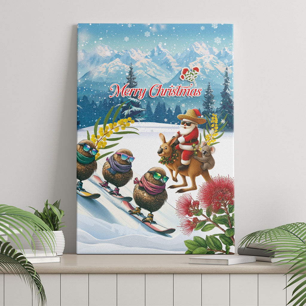 New Zealand and Australia Merry Christmas Canvas Wall Art Kiwi Birds Skiing and Koala Santa Riding Kangaroo
