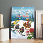 New Zealand and Australia Merry Christmas Canvas Wall Art Kiwi Birds Skiing and Koala Santa Riding Kangaroo