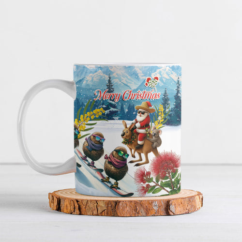 New Zealand and Australia Merry Christmas Ceramic Mug Kiwi Birds Skiing and Koala Santa Riding Kangaroo