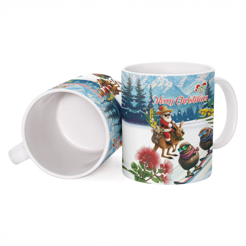 New Zealand and Australia Merry Christmas Ceramic Mug Kiwi Birds Skiing and Koala Santa Riding Kangaroo