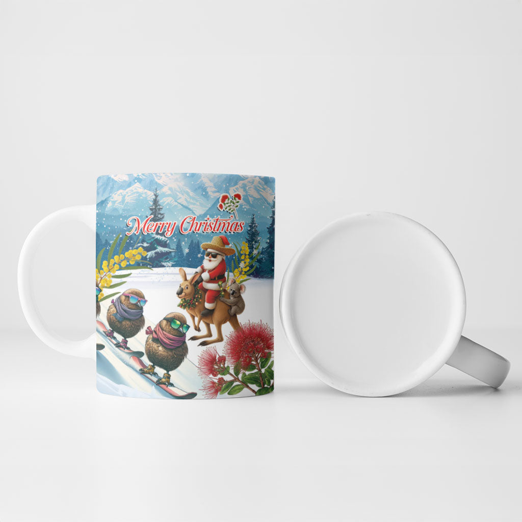 New Zealand and Australia Merry Christmas Ceramic Mug Kiwi Birds Skiing and Koala Santa Riding Kangaroo