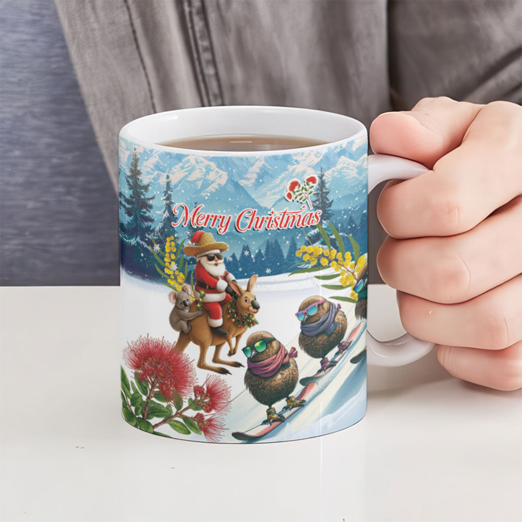 New Zealand and Australia Merry Christmas Ceramic Mug Kiwi Birds Skiing and Koala Santa Riding Kangaroo