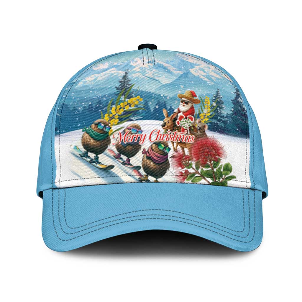 New Zealand and Australia Merry Christmas Classic Cap Kiwi Birds Skiing and Santa Riding Kangaroo with Koala