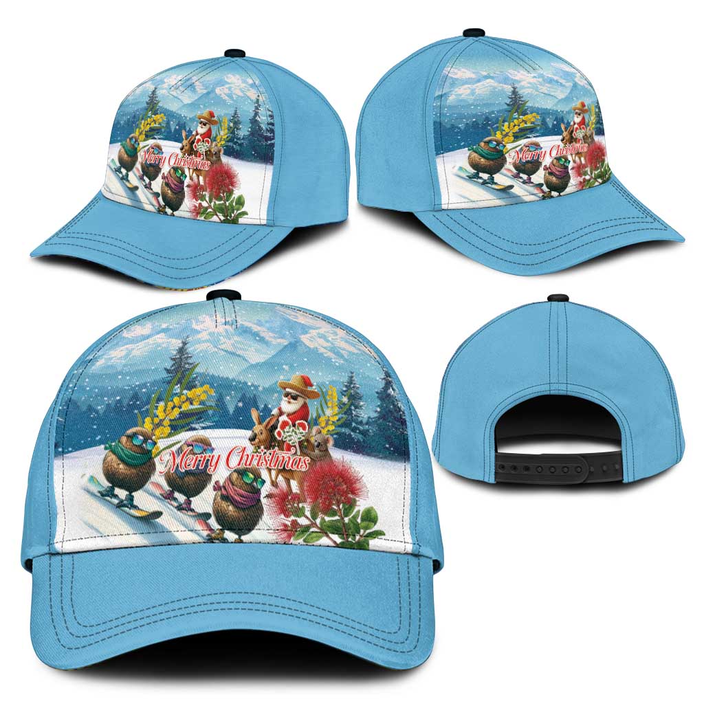 New Zealand and Australia Merry Christmas Classic Cap Kiwi Birds Skiing and Santa Riding Kangaroo with Koala