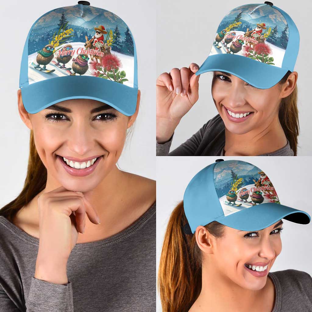 New Zealand and Australia Merry Christmas Classic Cap Kiwi Birds Skiing and Santa Riding Kangaroo with Koala