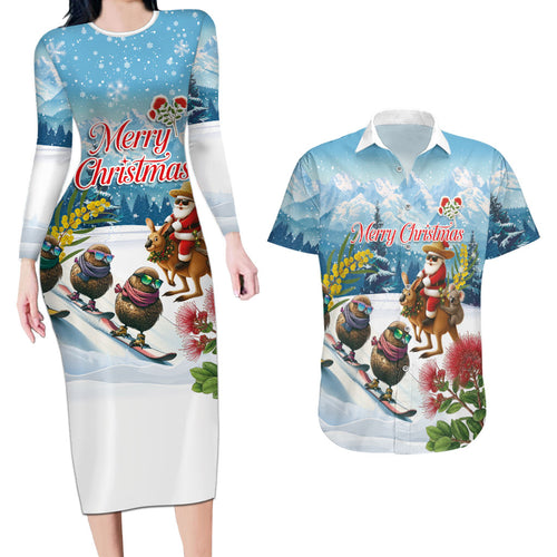 New Zealand and Australia Merry Christmas Couples Matching Long Sleeve Bodycon Dress and Hawaiian Shirt Kiwi Birds Skiing and Koala Santa Riding Kangaroo